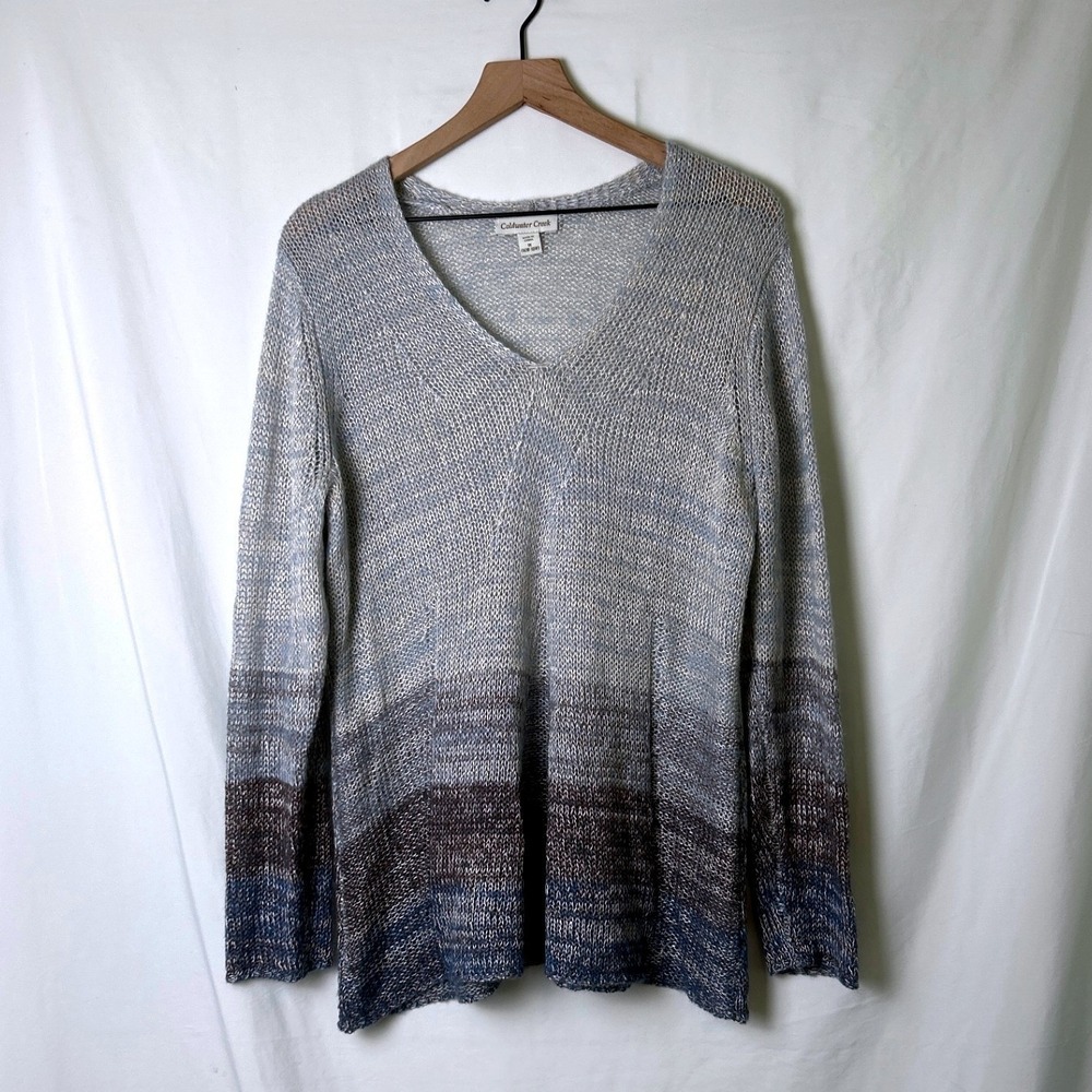 Coldwater Creek Womens Linen Blend V-Neck Open Knit Sweater Size 1X Grey Blue